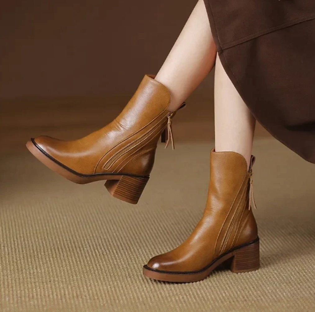 Rose | Bottines Femme Bout Rond Talon Bloc Zip Latéral - Marron
