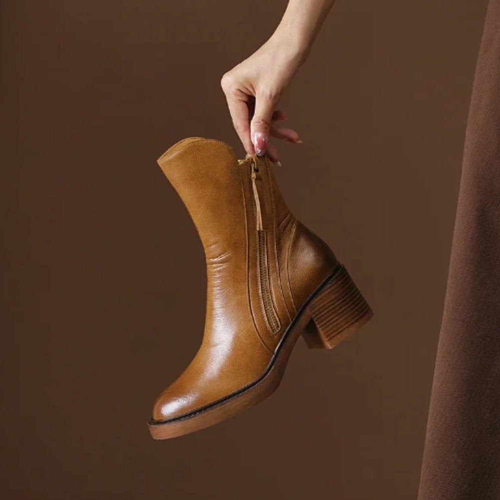 Rose | Bottines Femme Bout Rond Talon Bloc Zip Latéral - Marron