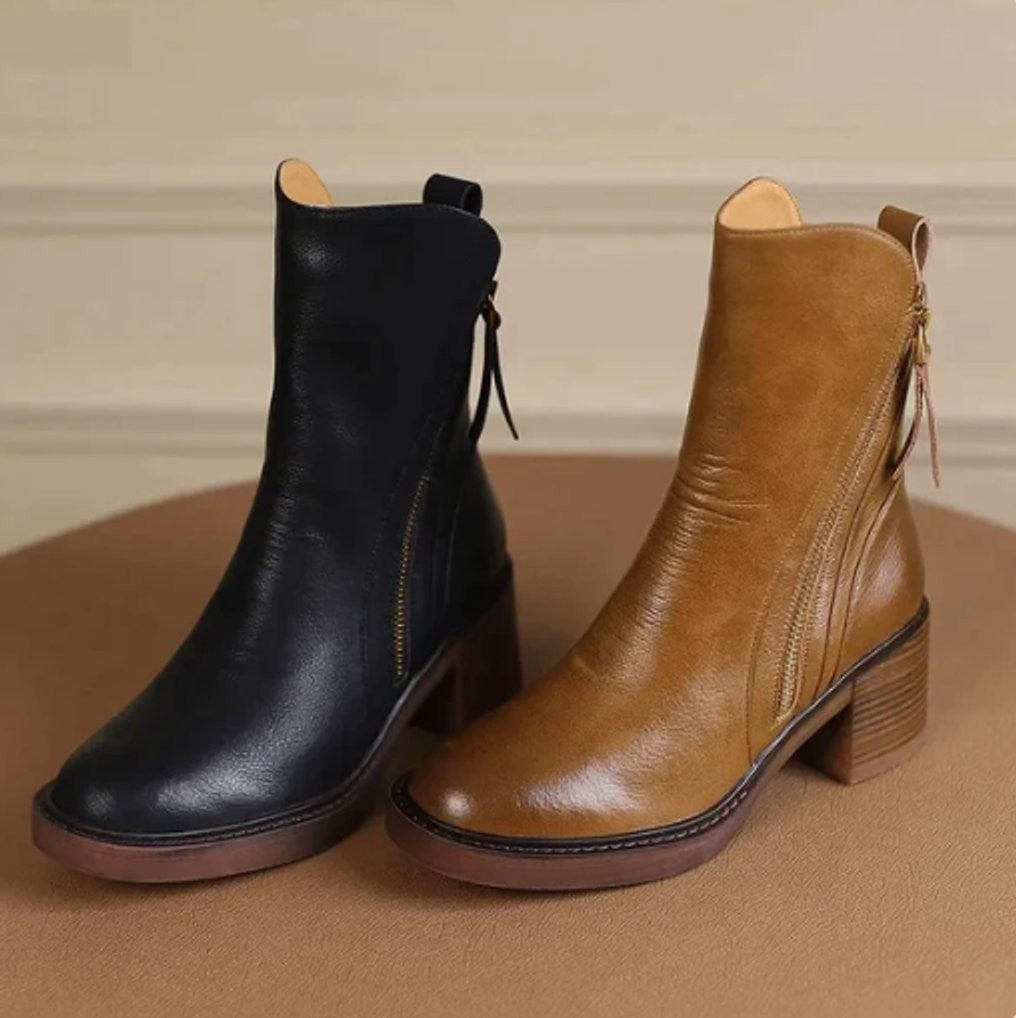 Rose | Bottines Femme Bout Rond Talon Bloc Zip Latéral - Noir