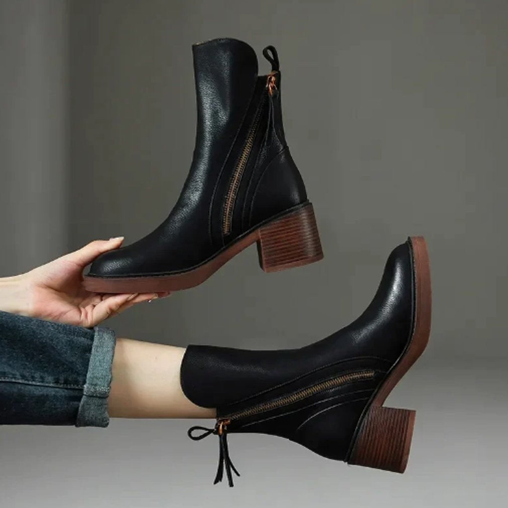 Rose | Bottines Femme Bout Rond Talon Bloc Zip Latéral - Noir