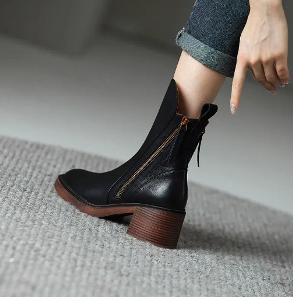 Rose | Bottines Femme Bout Rond Talon Bloc Zip Latéral - Noir