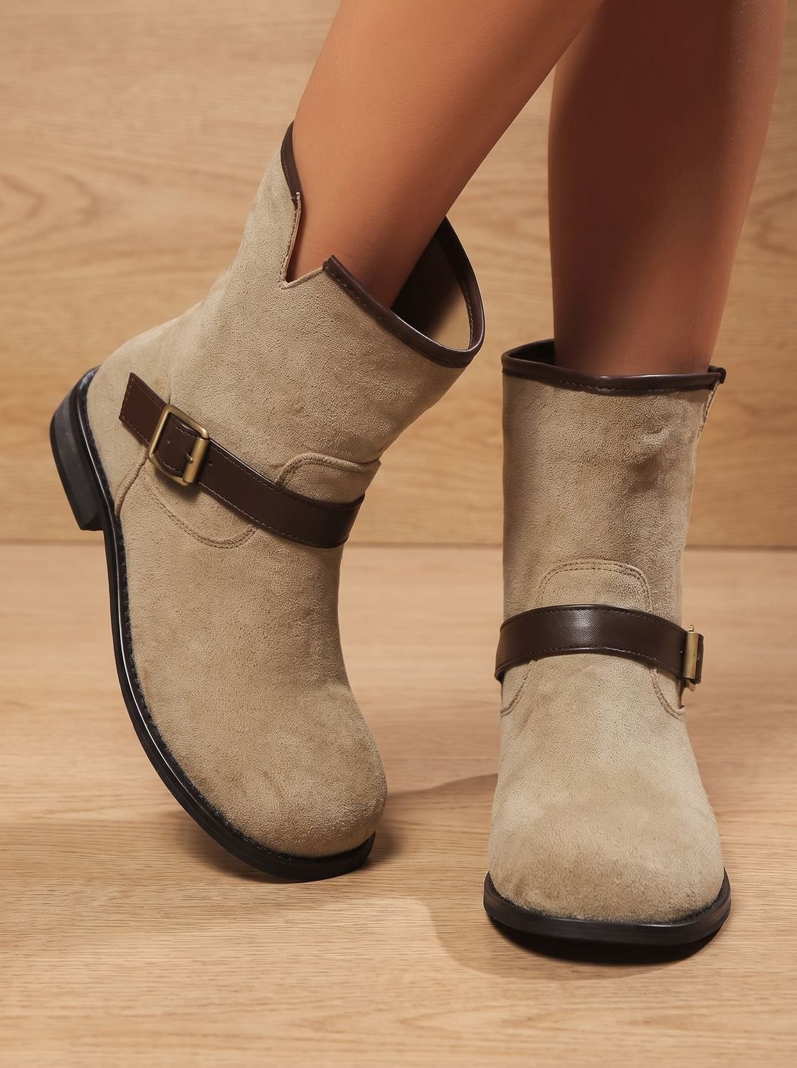 Rose | Bottines Femme simili-cuir Enfiler Talon Bloc Bride Dorée - Marron
