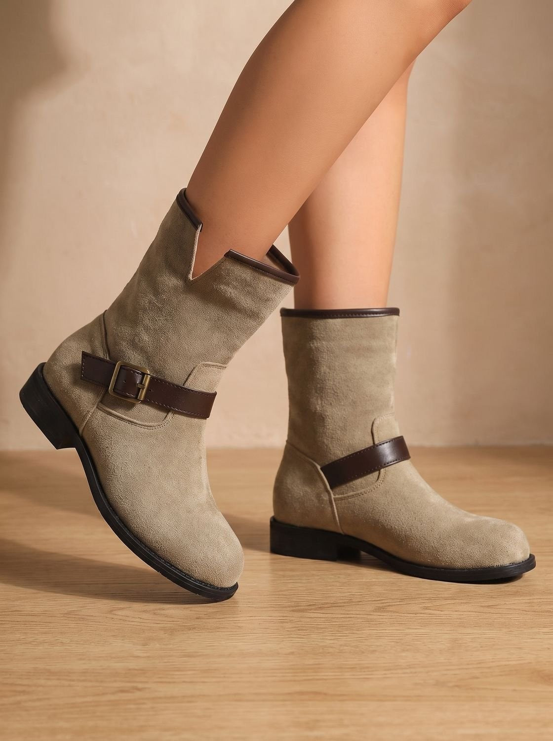 Rose | Bottines Femme simili-cuir Enfiler Talon Bloc Bride Dorée - Marron