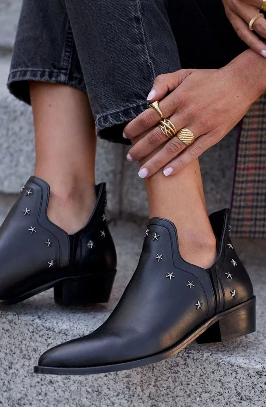 Rose | Bottines pour Femme Ornées d'Étoiles Bout Pointu Talon Bloc - Noir