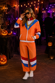 Rose | Déguisement Halloween Femme Deux-Pièces Couleurs Blocs Rétro Veste Zippée - Orange