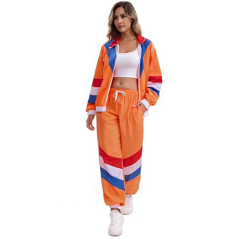 Rose | Déguisement Halloween Femme Deux-Pièces Couleurs Blocs Rétro Veste Zippée - Orange
