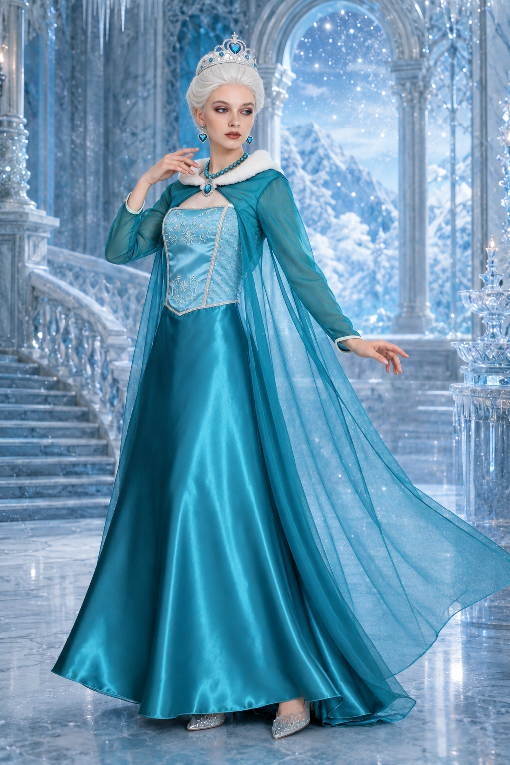 Rose | Dames Déguisement Halloween Femme Reine des Neiges Encolure Carrée Broderie Manches Transparentes Robe - Bleu