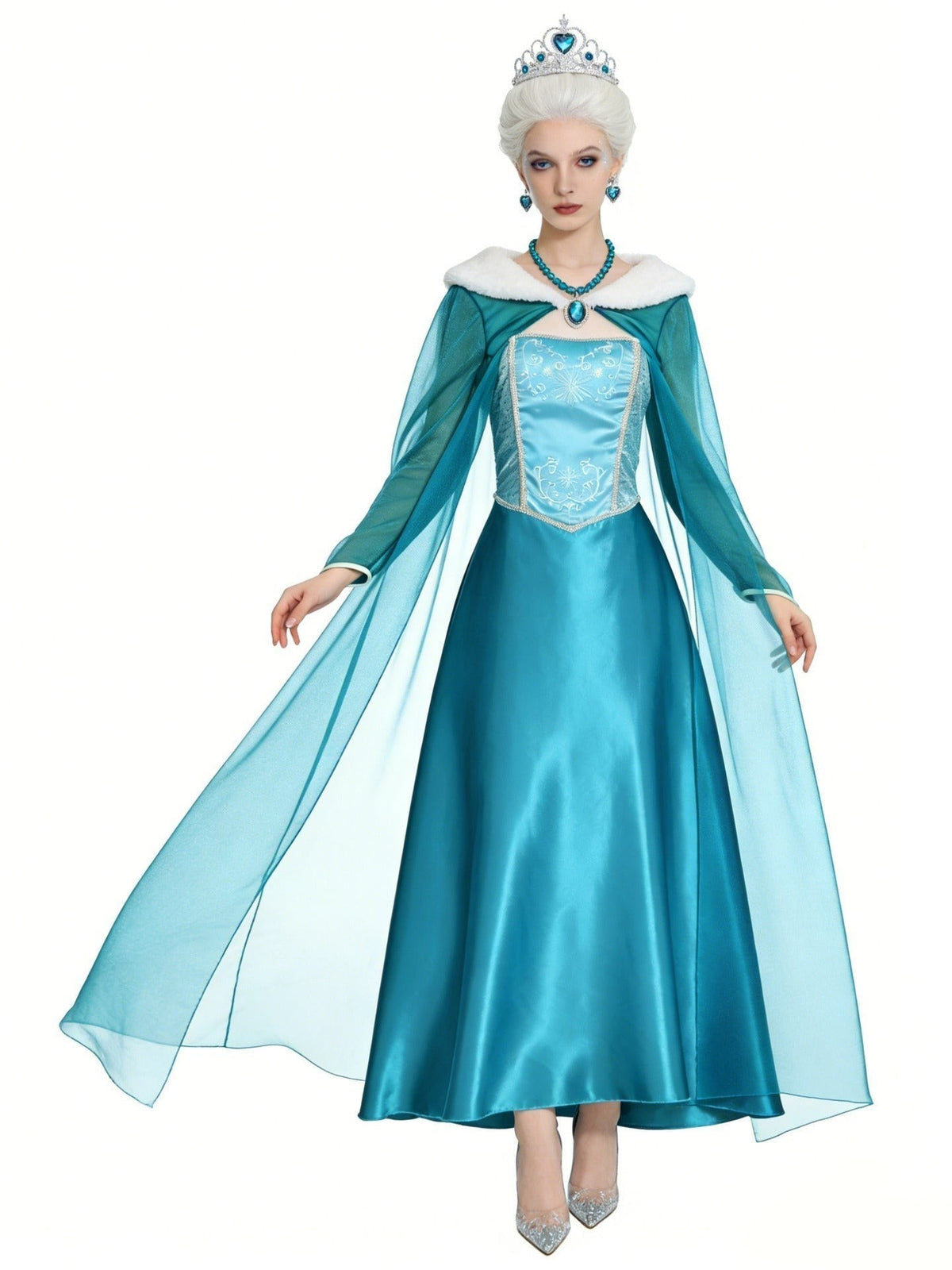 Rose | Dames Déguisement Halloween Femme Reine des Neiges Encolure Carrée Broderie Manches Transparentes Robe - Bleu