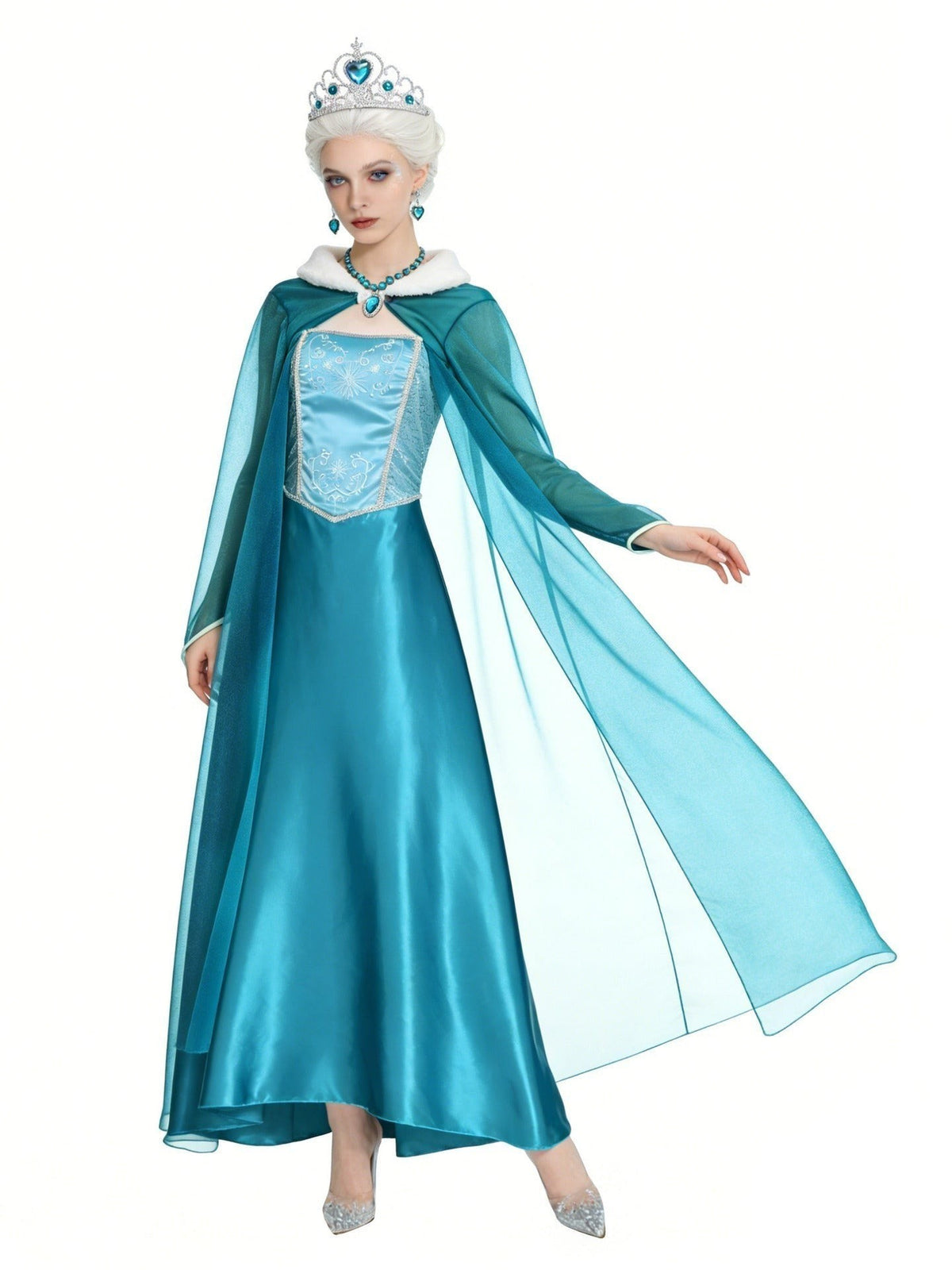 Rose | Dames Déguisement Halloween Femme Reine des Neiges Encolure Carrée Broderie Manches Transparentes Robe - Bleu