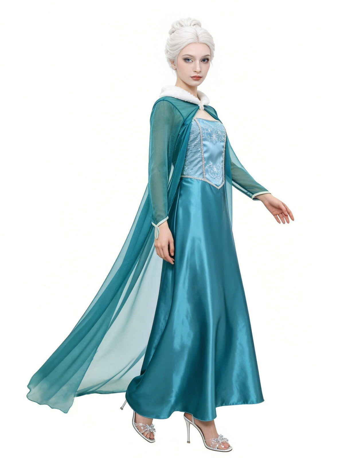 Rose | Dames Déguisement Halloween Femme Reine des Neiges Encolure Carrée Broderie Manches Transparentes Robe - Bleu