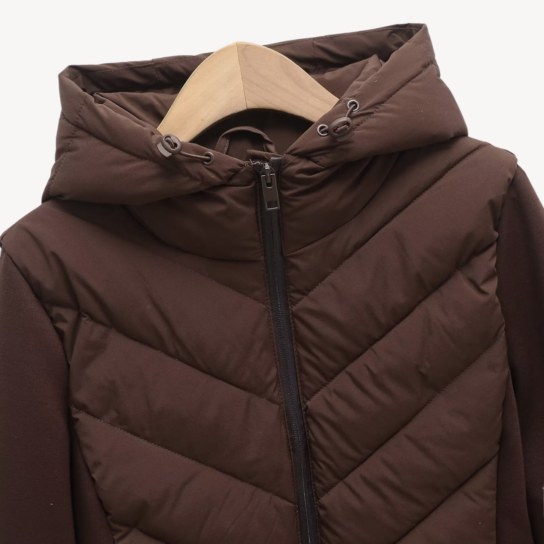 Rose | Dames Doudoune Chevron Matelassée Capuche Zippée Coupe Ajustée - Marron