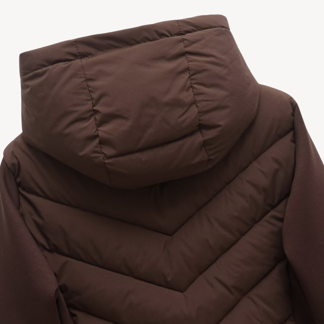 Rose | Dames Doudoune Chevron Matelassée Capuche Zippée Coupe Ajustée - Marron