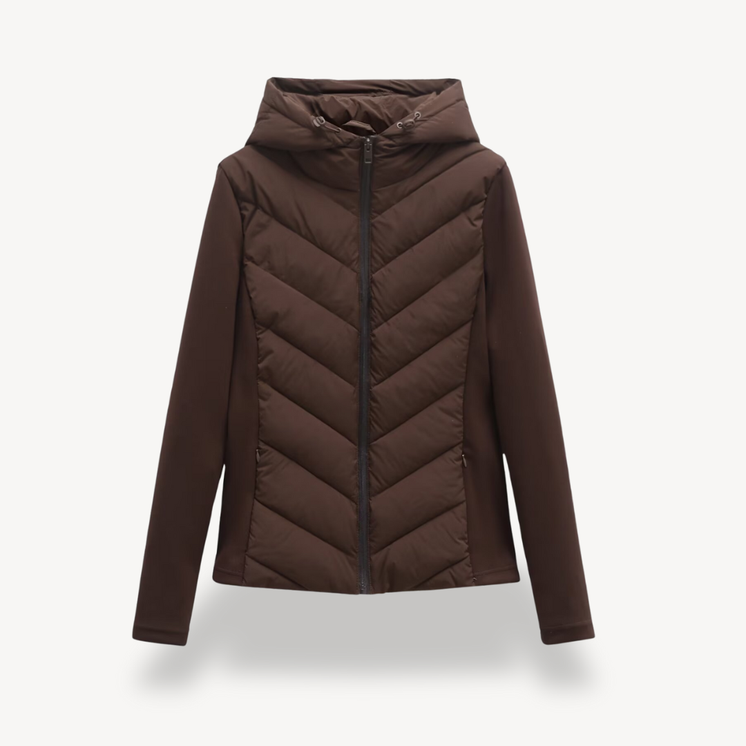 Rose | Dames Doudoune Chevron Matelassée Capuche Zippée Coupe Ajustée - Marron