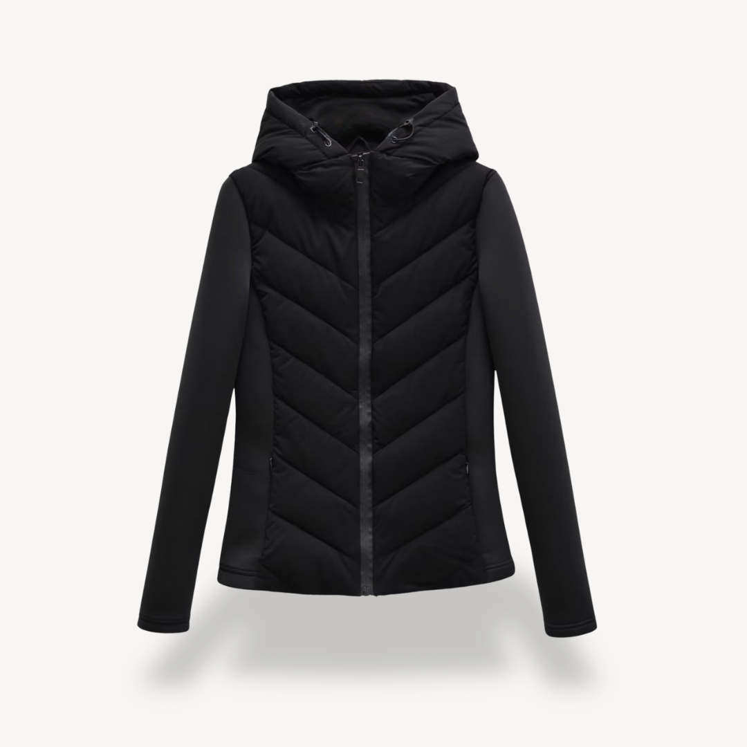 Rose | Dames Doudoune Chevron Matelassée Capuche Zippée Coupe Ajustée - Noir