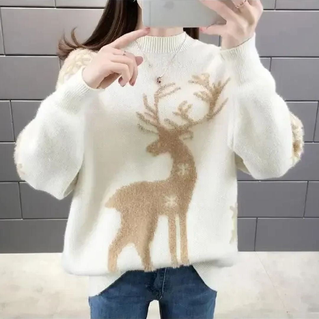 Rose | Pour Femme Pull de Noël Motif Renne Coupe Ample Tricot - Blanc