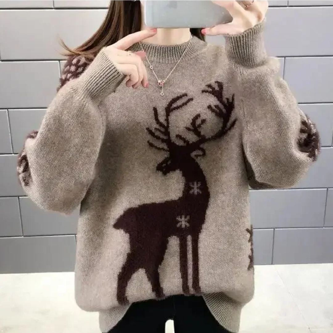 Rose | Pour Femme Pull de Noël Motif Renne Coupe Ample Tricot - Marron