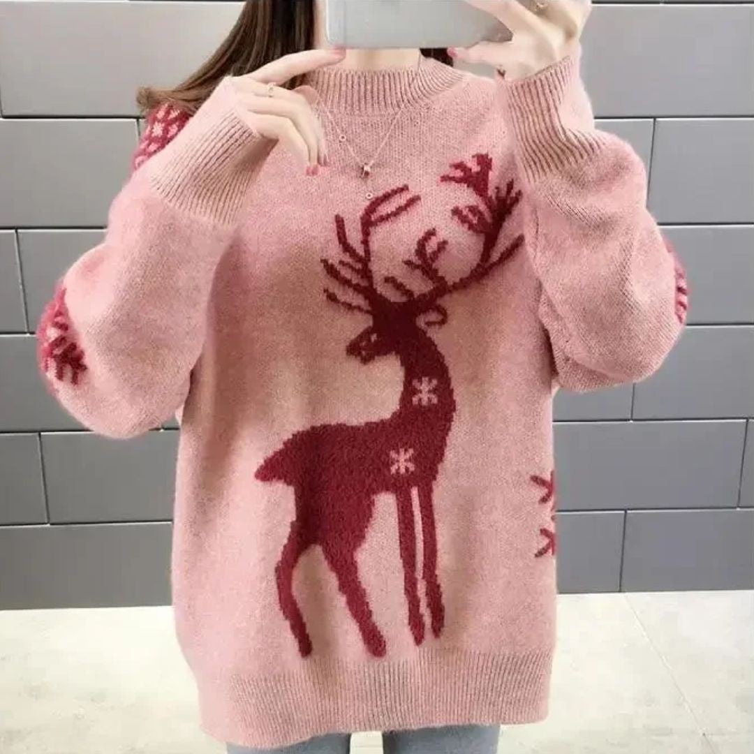 Rose | Pour Femme Pull de Noël Motif Renne Coupe Ample Tricot - Rose