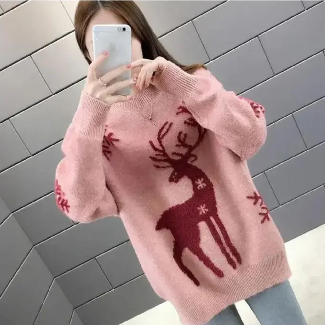 Rose | Pour Femme Pull de Noël Motif Renne Coupe Ample Tricot - Rose