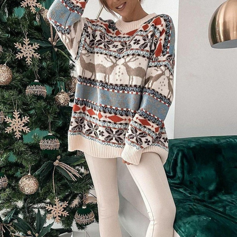 Rose | Pull de Noël pour Femme Motif Rennes Coupe Ample Chaud - Beige