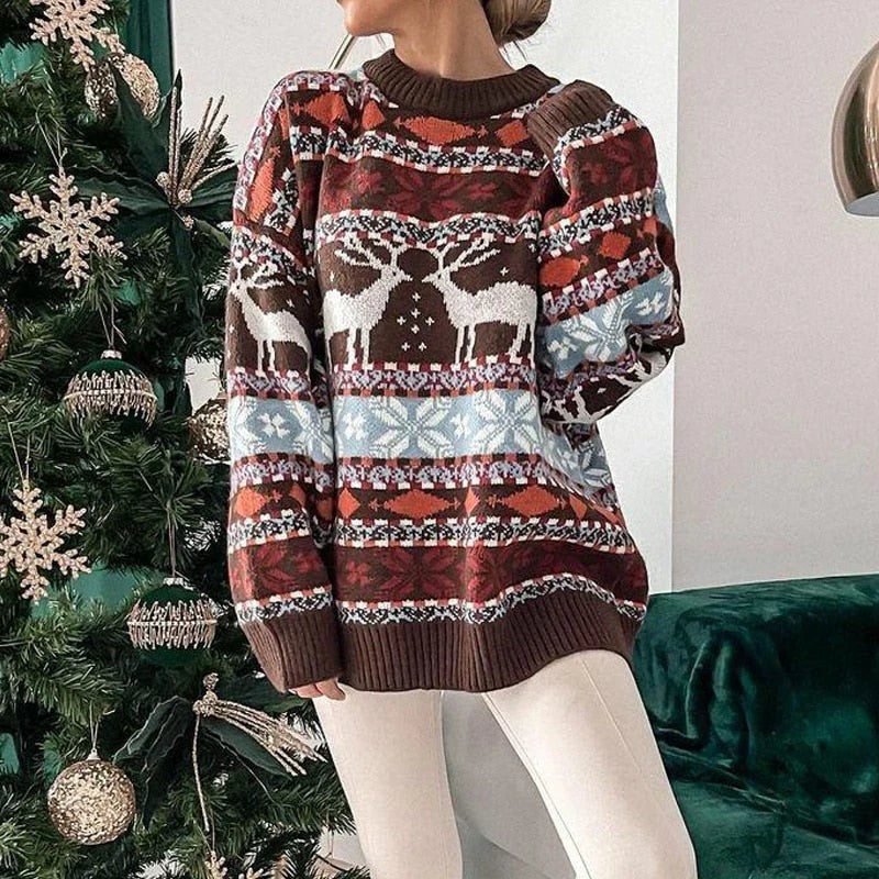 Rose | Pull de Noël pour Femme Motif Rennes Coupe Ample Chaud - Marron
