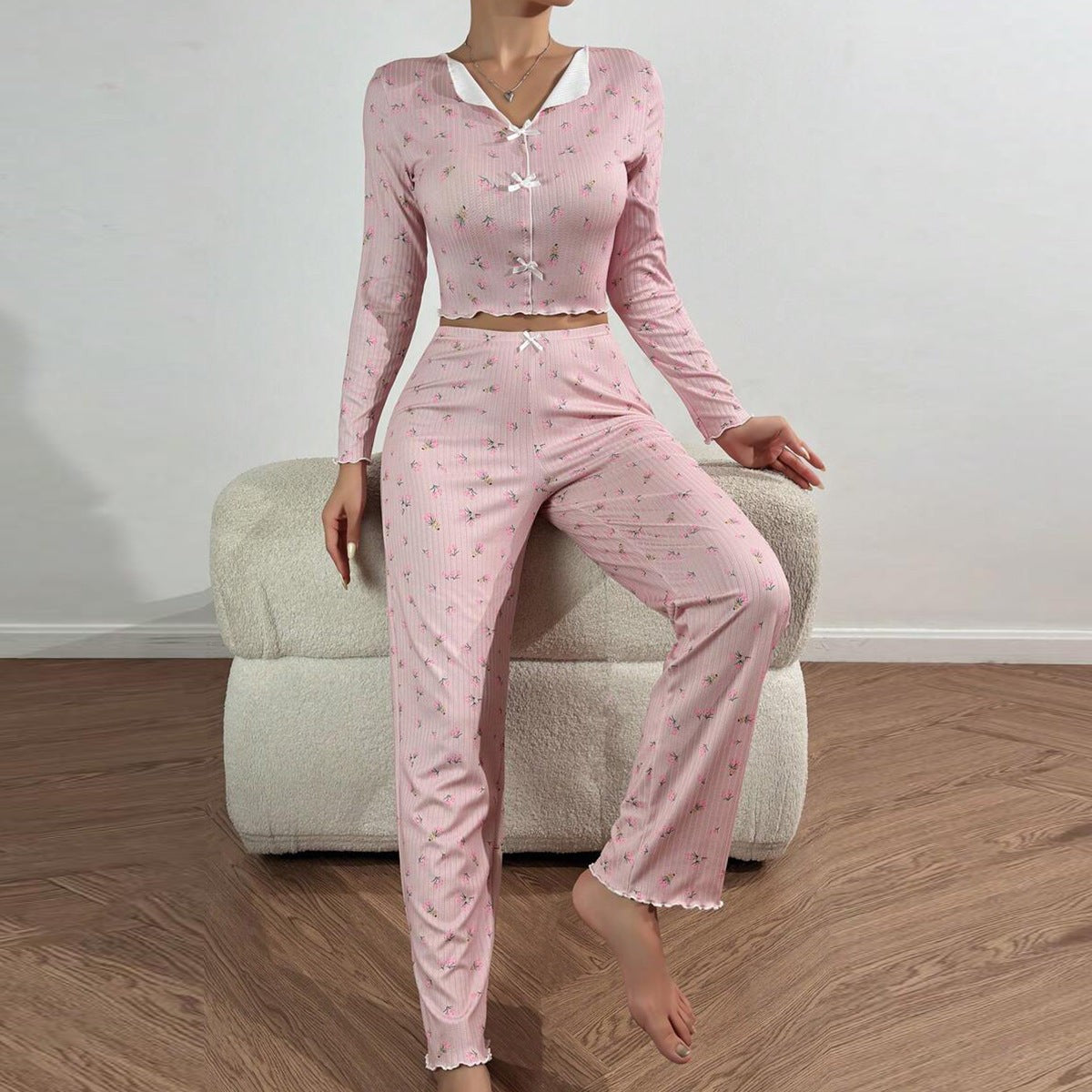 Rose | Pyjama Femme Coupe Ample Motif Floral Volants Romantique - Blanc