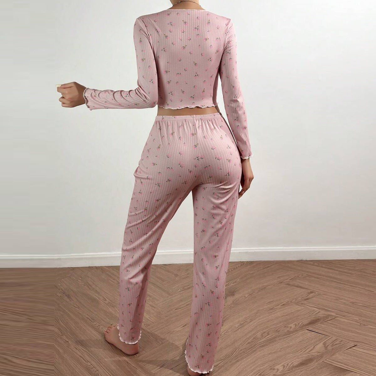 Rose | Pyjama Femme Coupe Ample Motif Floral Volants Romantique - Blanc