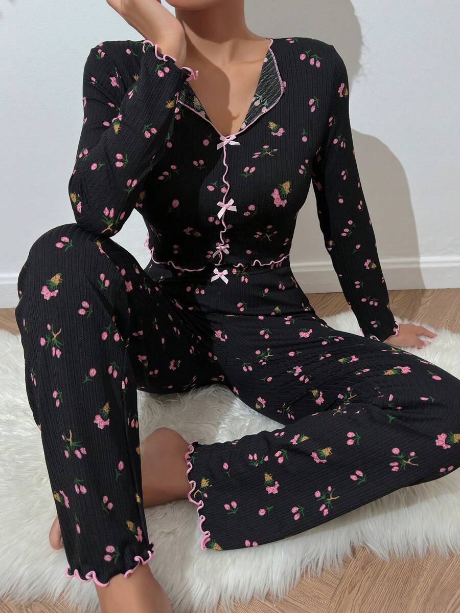 Rose | Pyjama Femme Coupe Ample Motif Floral Volants Romantique - Noir