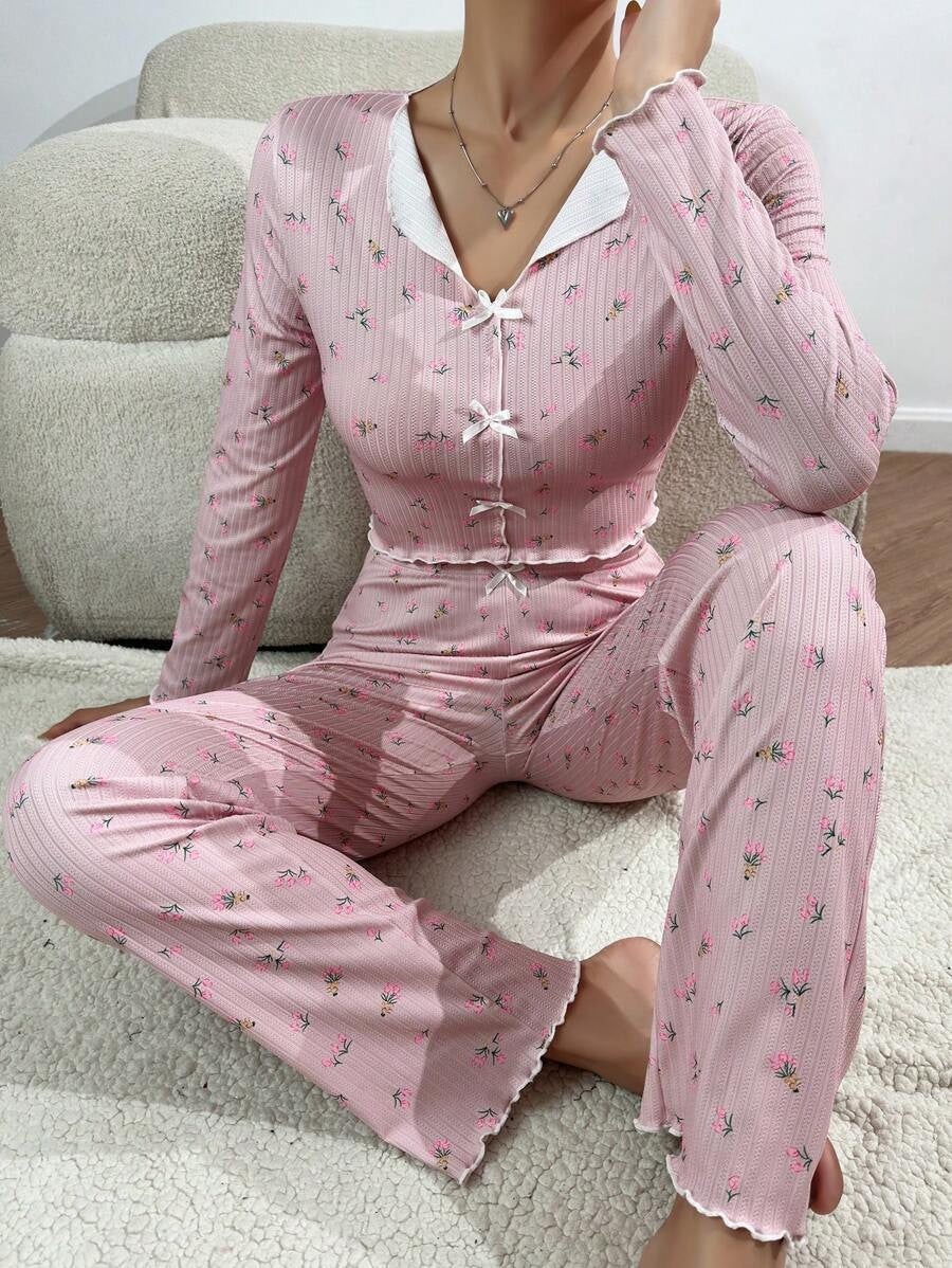 Rose | Pyjama Femme Coupe Ample Motif Floral Volants Romantique - Rose