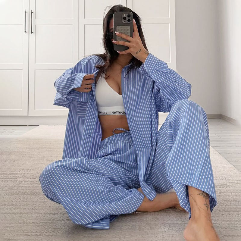 Rose | Pyjama Femme Oversize Rayée Manches Longues Boutons - Bleu