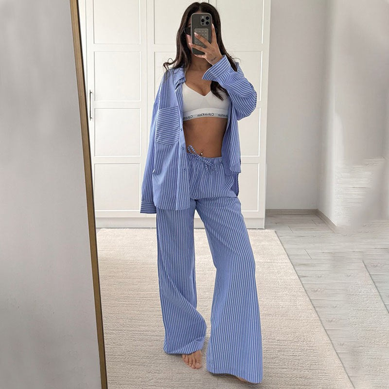 Rose | Pyjama Femme Oversize Rayée Manches Longues Boutons - Bleu