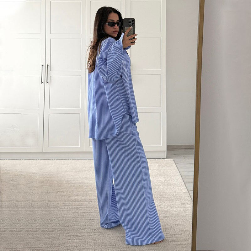 Rose | Pyjama Femme Oversize Rayée Manches Longues Boutons - Bleu