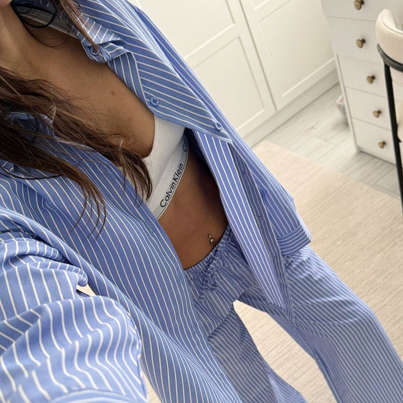 Rose | Pyjama Femme Oversize Rayée Manches Longues Boutons - Bleu