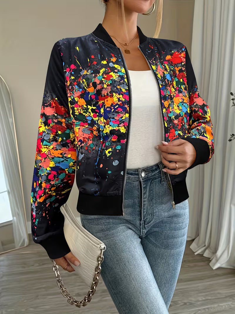 Rose | Veste Bomber Femme Imprimée Fermeture Zippée Coupe Régulière - Noir