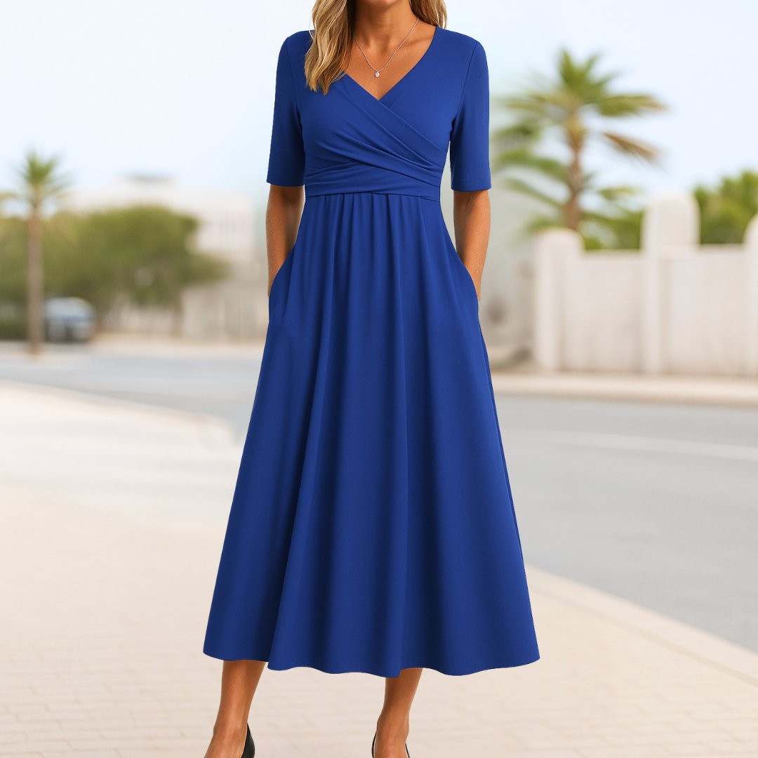 Saar | Dames Wikkelkleed A-lijn Korte Mouwen V-hals Midi - Marineblauw
