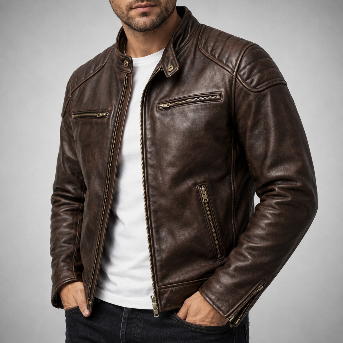 Sacha | Pour Homme Veste Motard Épaulettes Renforcées Fermetures Éclair Métalliques - Unique