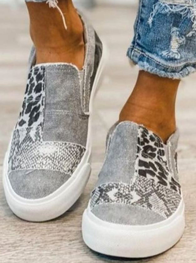 Sarah | Baskets pour Femme Élastiquées Motifs Animaliers Toile Empeigne - Gris