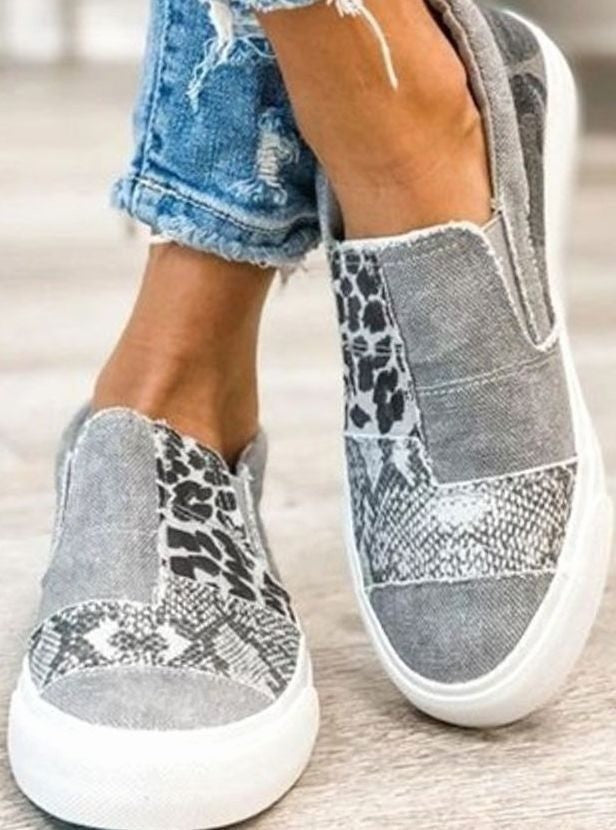 Sarah | Baskets pour Femme Élastiquées Motifs Animaliers Toile Empeigne - Gris