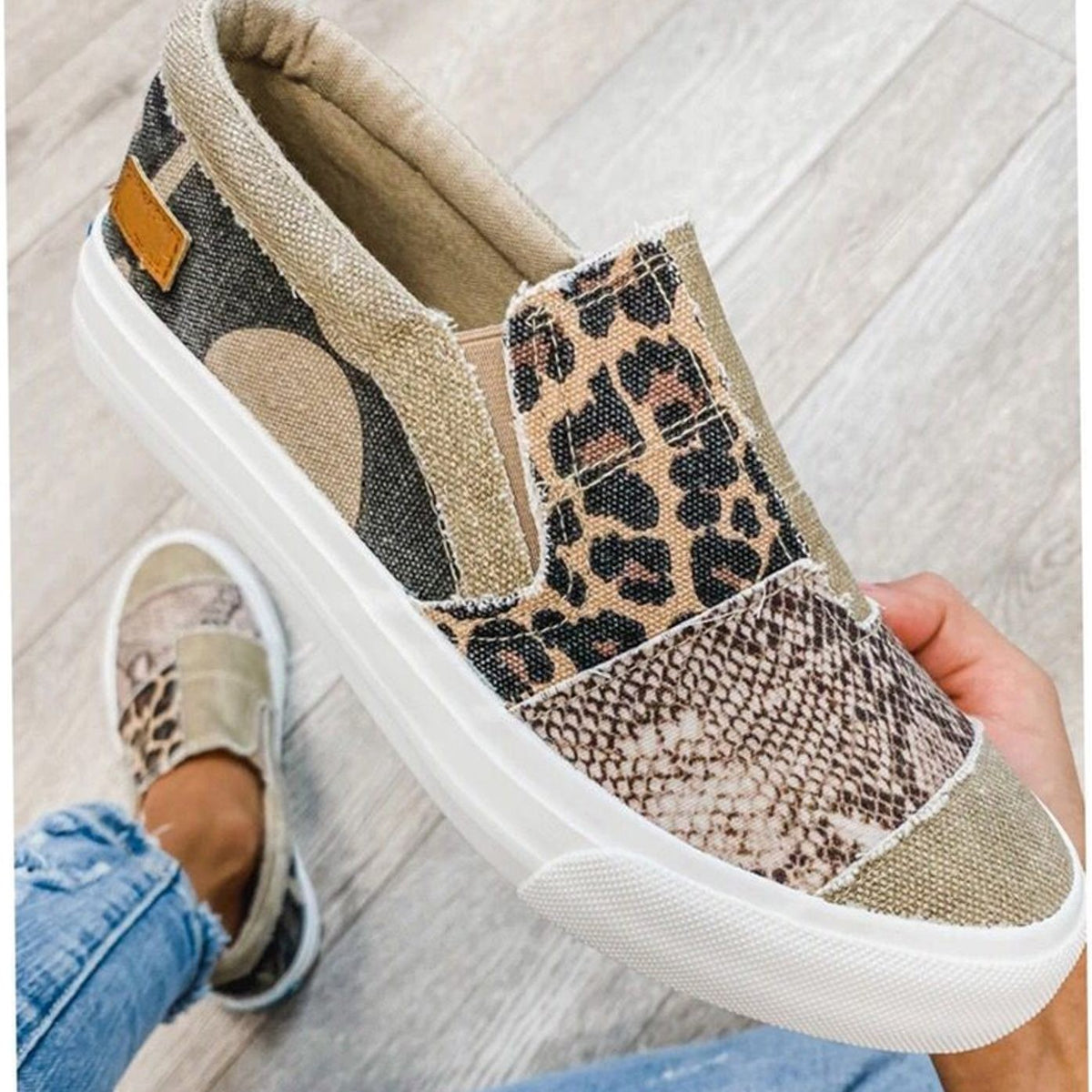 Sarah | Baskets pour Femme Élastiquées Motifs Animaliers Toile Empeigne - Kaki