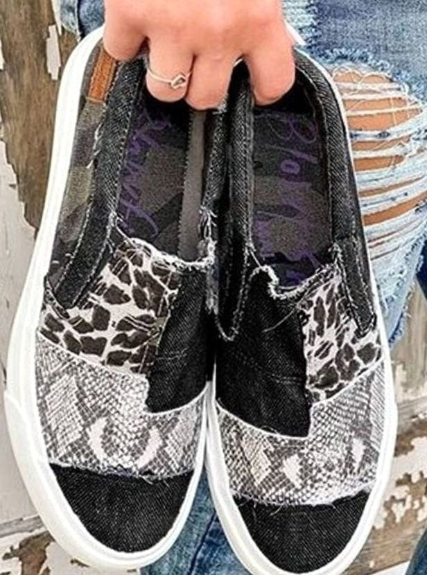 Sarah | Baskets pour Femme Élastiquées Motifs Animaliers Toile Empeigne - Noir
