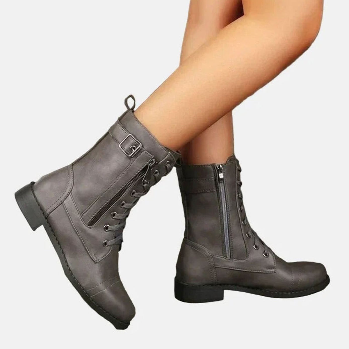 Sarah | Bottines Femme Lacées Fermeture Éclair Bout Rond simili-cuir - Gris