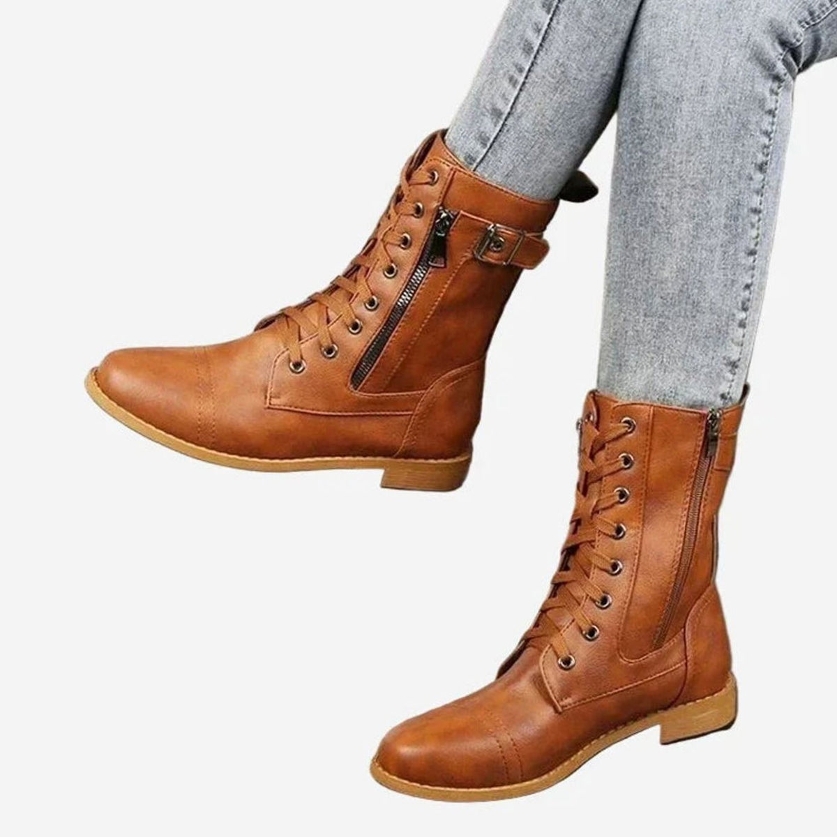 Sarah | Bottines Femme Lacées Fermeture Éclair Bout Rond simili-cuir - Marron