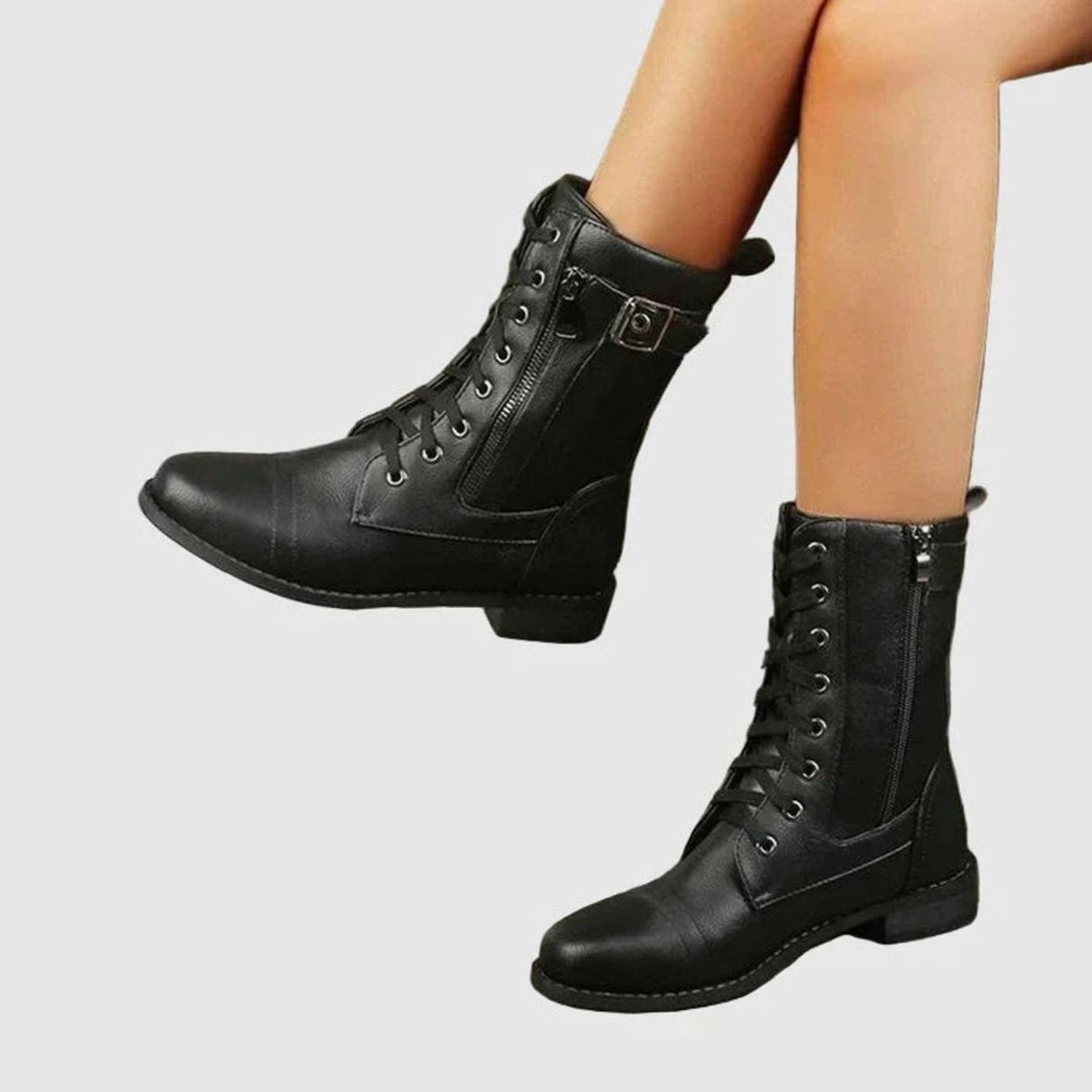 Sarah | Bottines Femme Lacées Fermeture Éclair Bout Rond simili-cuir - Noir