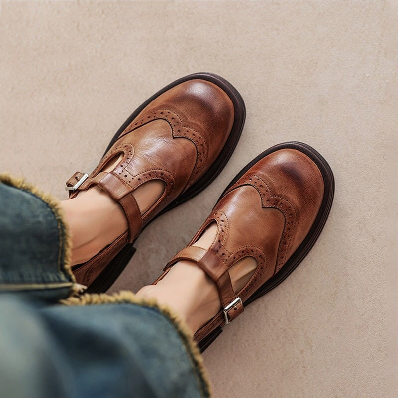 Sarah | Chaussures Brogue Femme Bride Classique Semelle Stable - Marron