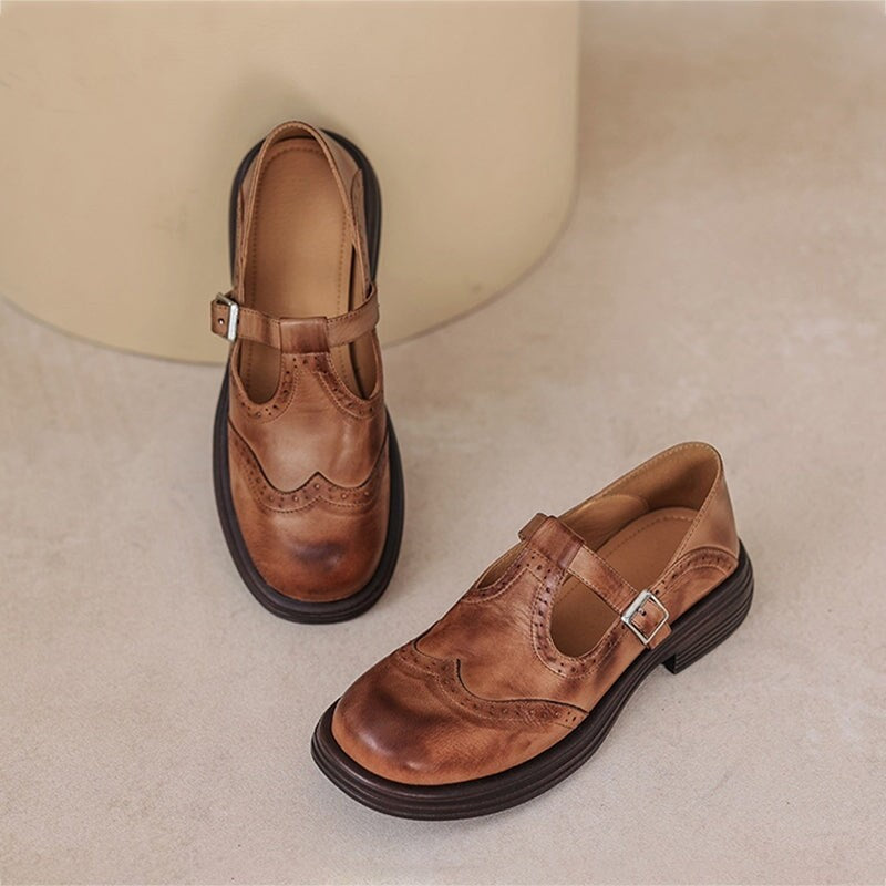 Sarah | Chaussures Brogue Femme Bride Classique Semelle Stable - Marron