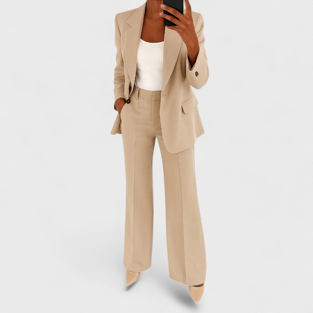 Sarah | Dames Blazer Revers Pantalon Large Taille Haute Ensemble Tailleur - Beige
