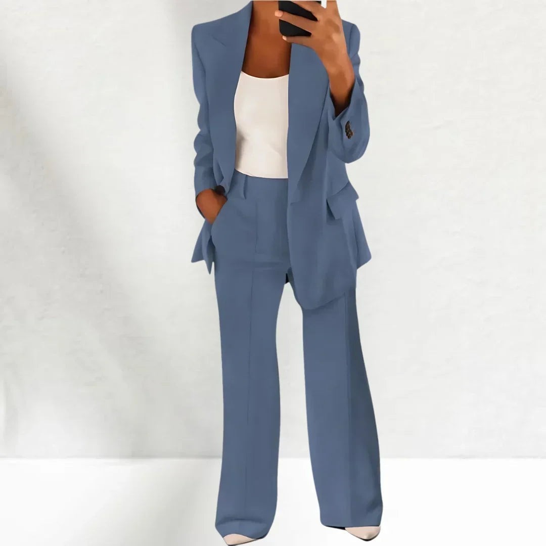 Sarah | Dames Blazer Revers Pantalon Large Taille Haute Ensemble Tailleur - Bleu