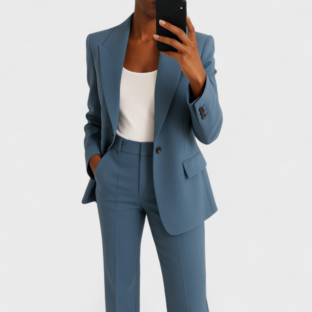 Sarah | Dames Blazer Revers Pantalon Large Taille Haute Ensemble Tailleur - Bleu