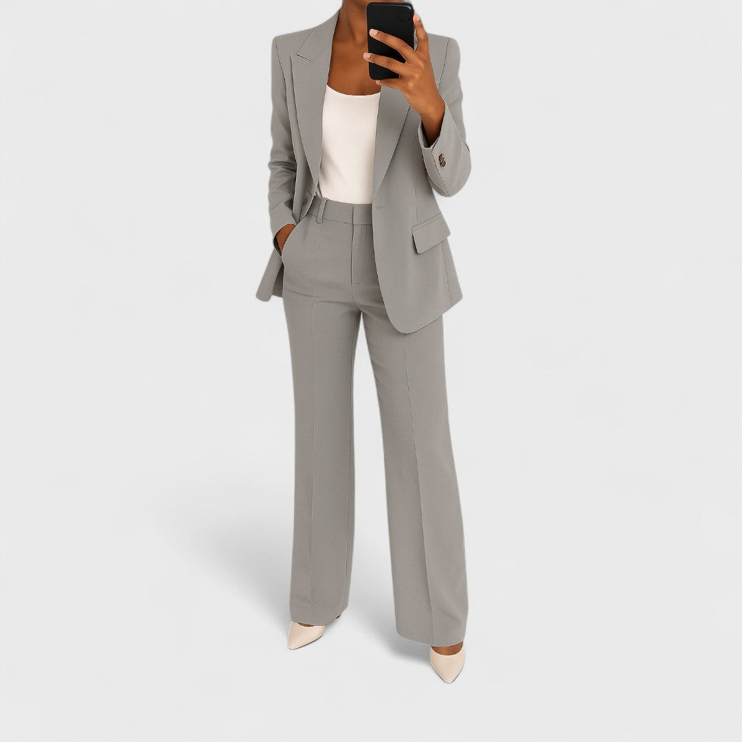 Sarah | Dames Blazer Revers Pantalon Large Taille Haute Ensemble Tailleur - Gris