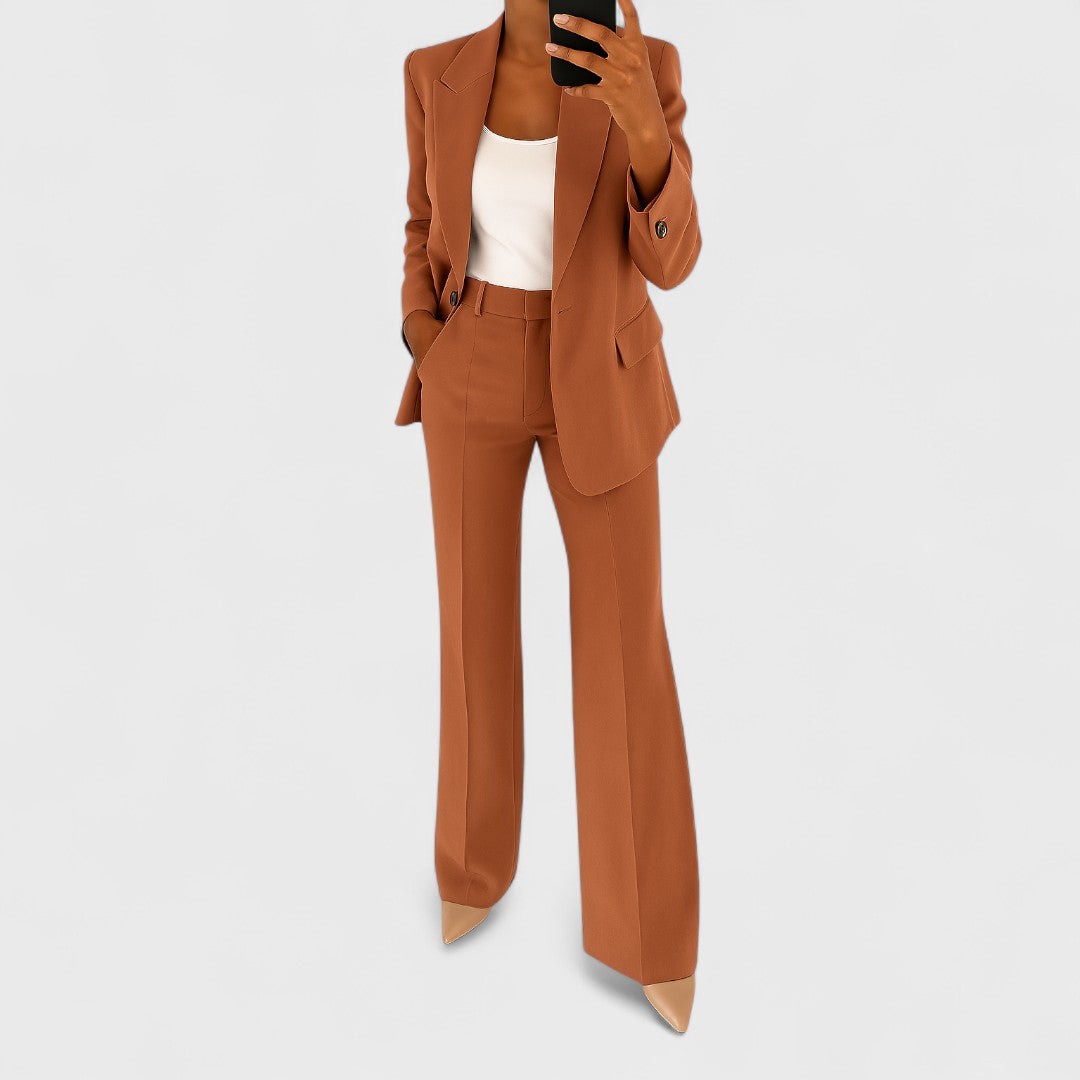 Sarah | Dames Blazer Revers Pantalon Large Taille Haute Ensemble Tailleur - Marron
