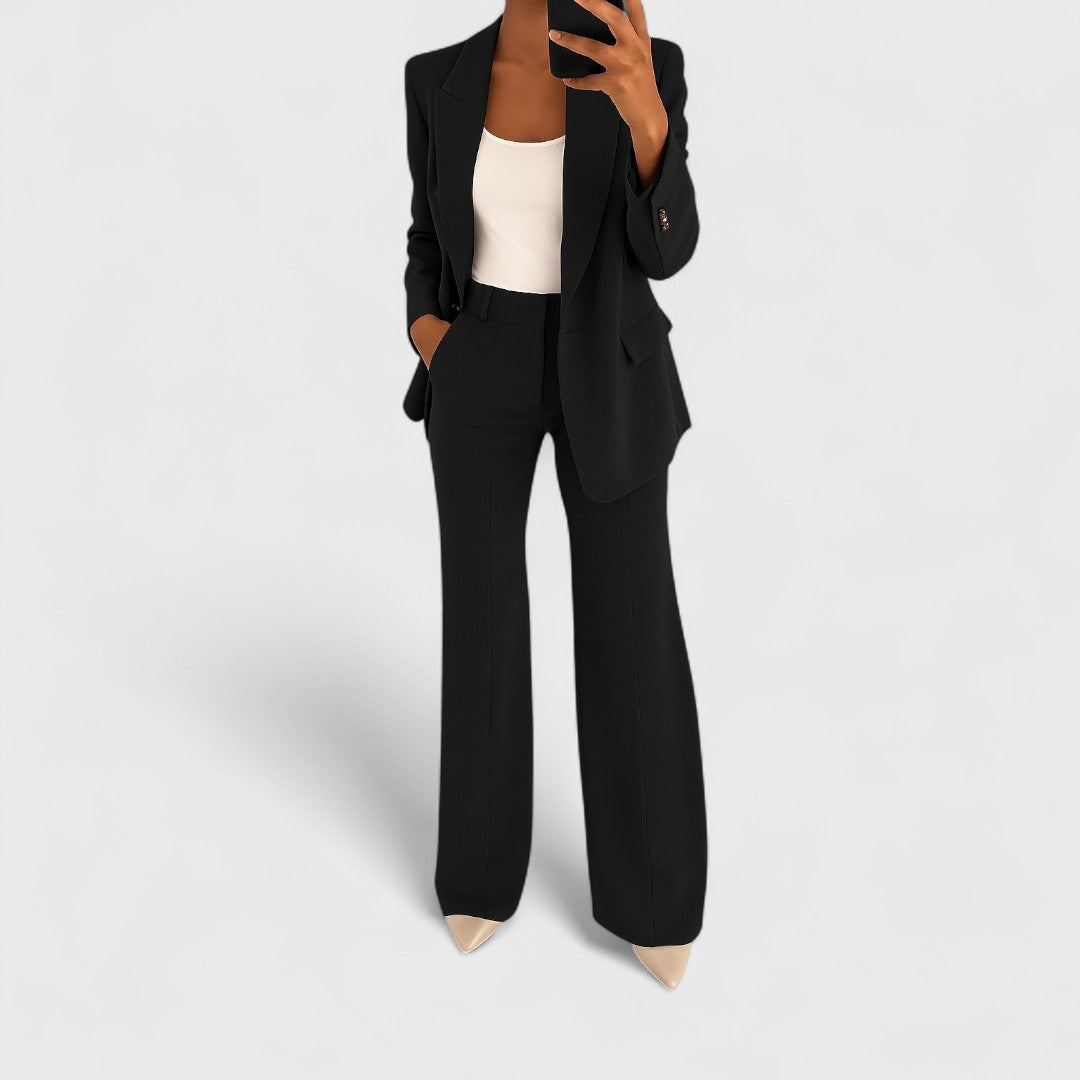 Sarah | Dames Blazer Revers Pantalon Large Taille Haute Ensemble Tailleur - Noir